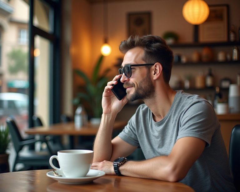 tourist man in cafe talking on the phone in spain