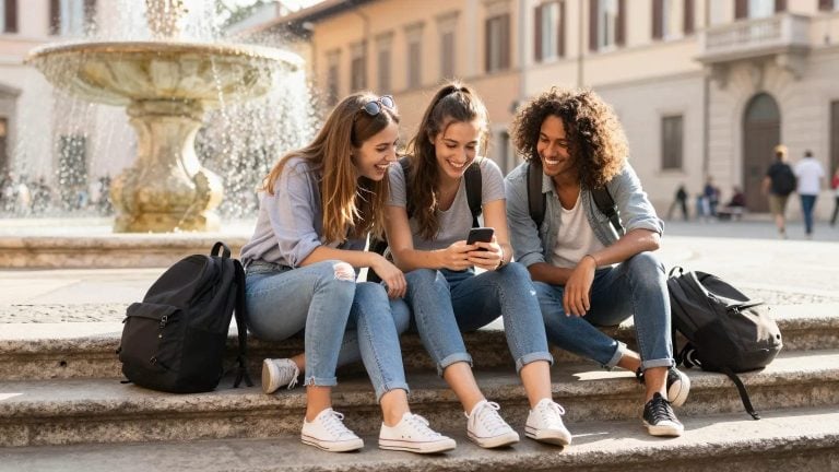 Three friends sitting by a fountain in a European plaza looking at a phone together