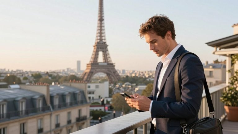 Business traveller checking his phone on a Paris rooftop terrace with the Eiffel Tower in the background
