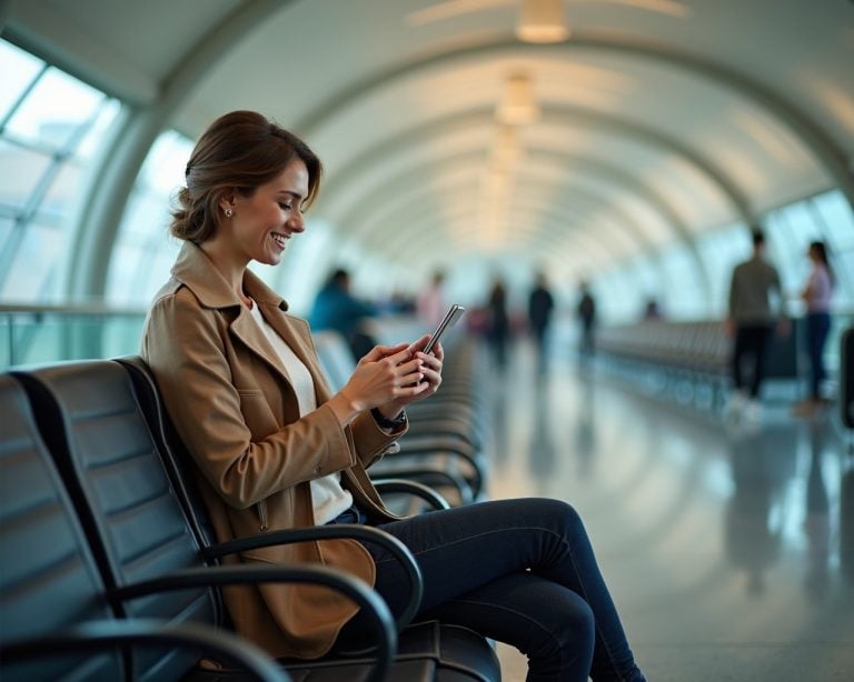 Traveller seated in a Charles de Gaulle terminal scanning an eSIM QR code on her phone