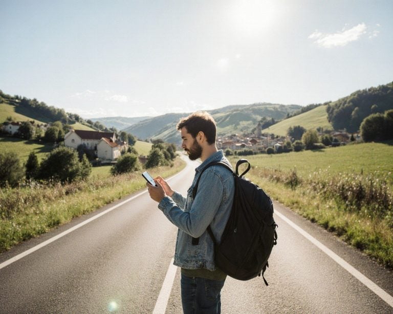 A traveller checking phone signal on a scenic French countryside road
