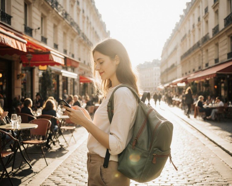 A young traveller checking her smartphone on a sunny Paris street