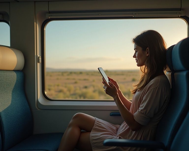 lady looking at her phone next to the window on a long distance train