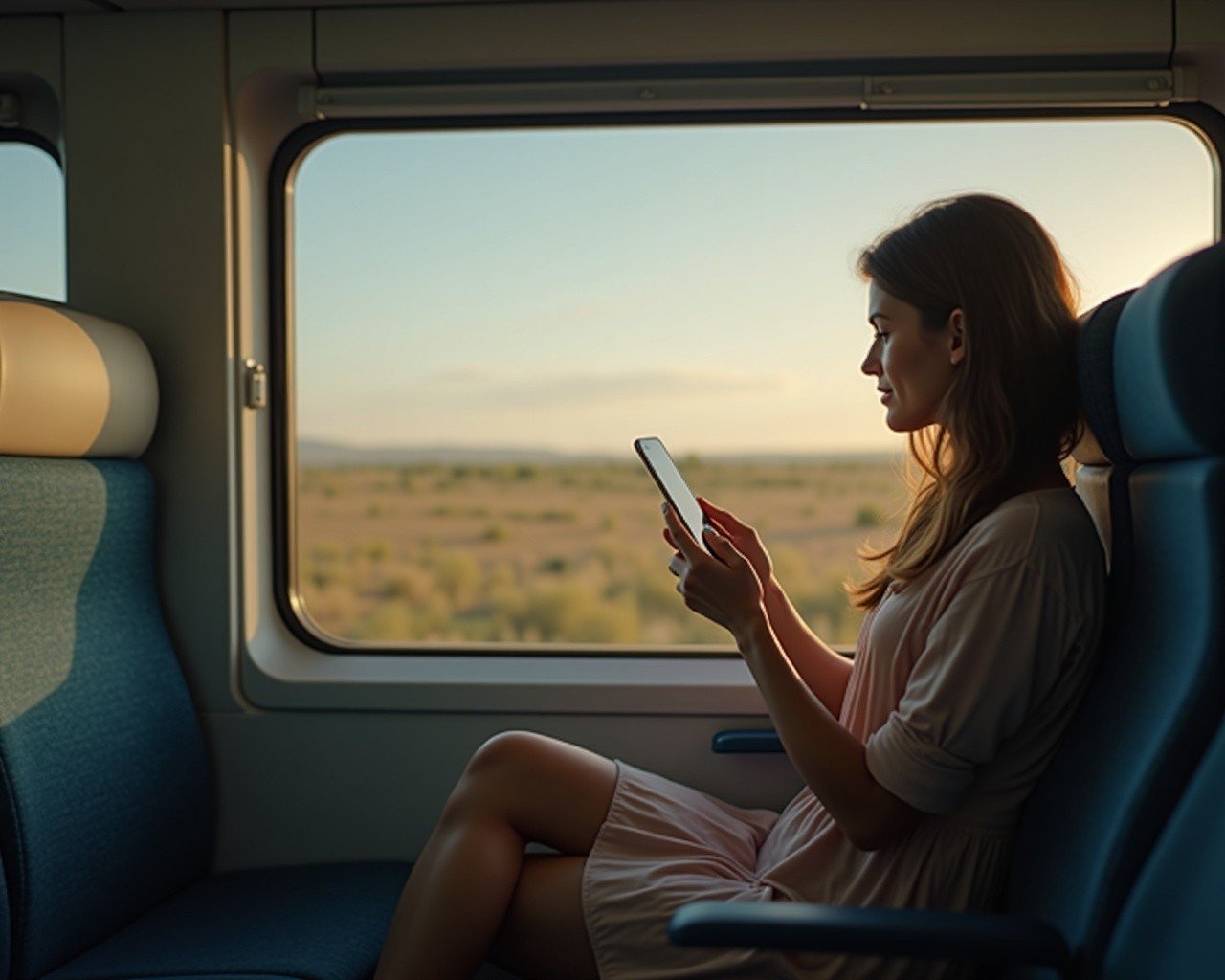 lady looking at her phone next to the window on a long distance train