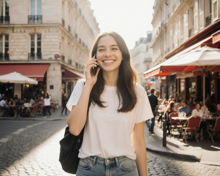 A young traveller taking a phone call on a sunny Paris street