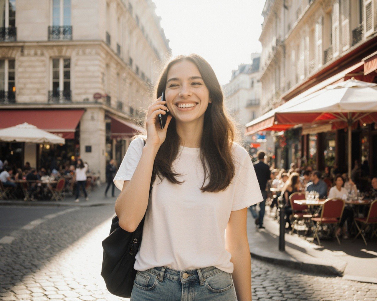 A young traveller taking a phone call on a sunny Paris street