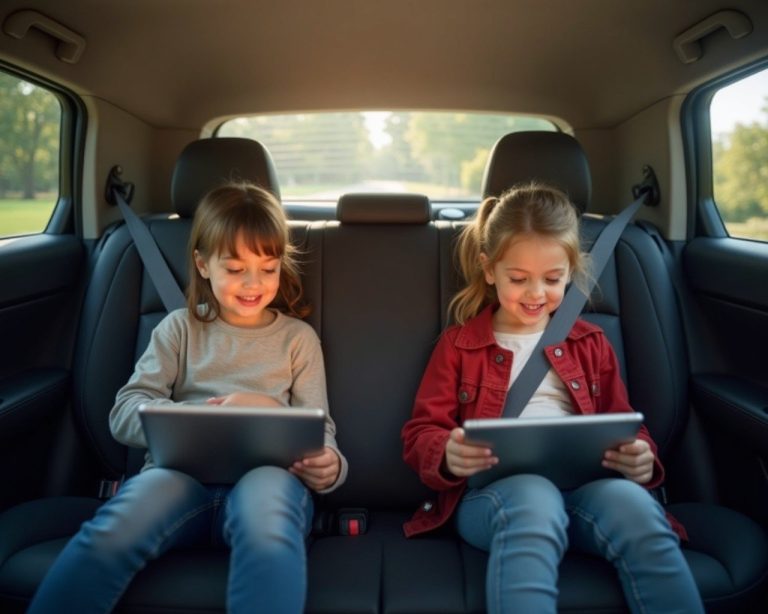 Kids in the back seat of the car on their iPads
