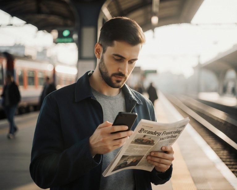 Man looking at his phone at the train station and holding a newspaper