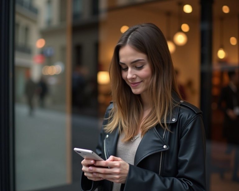 --prompt "Lady looking her galaxy mobile phone in front of a paris shop window" 