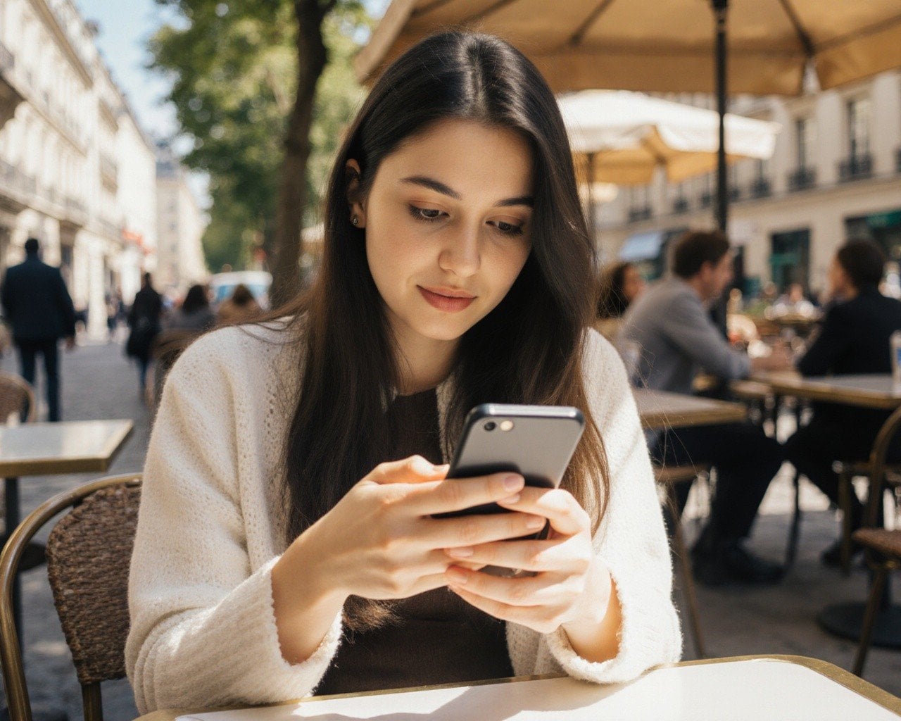 a young woman at a Paris cafe reading an SMS text message on her smartphone, sunny afternoon