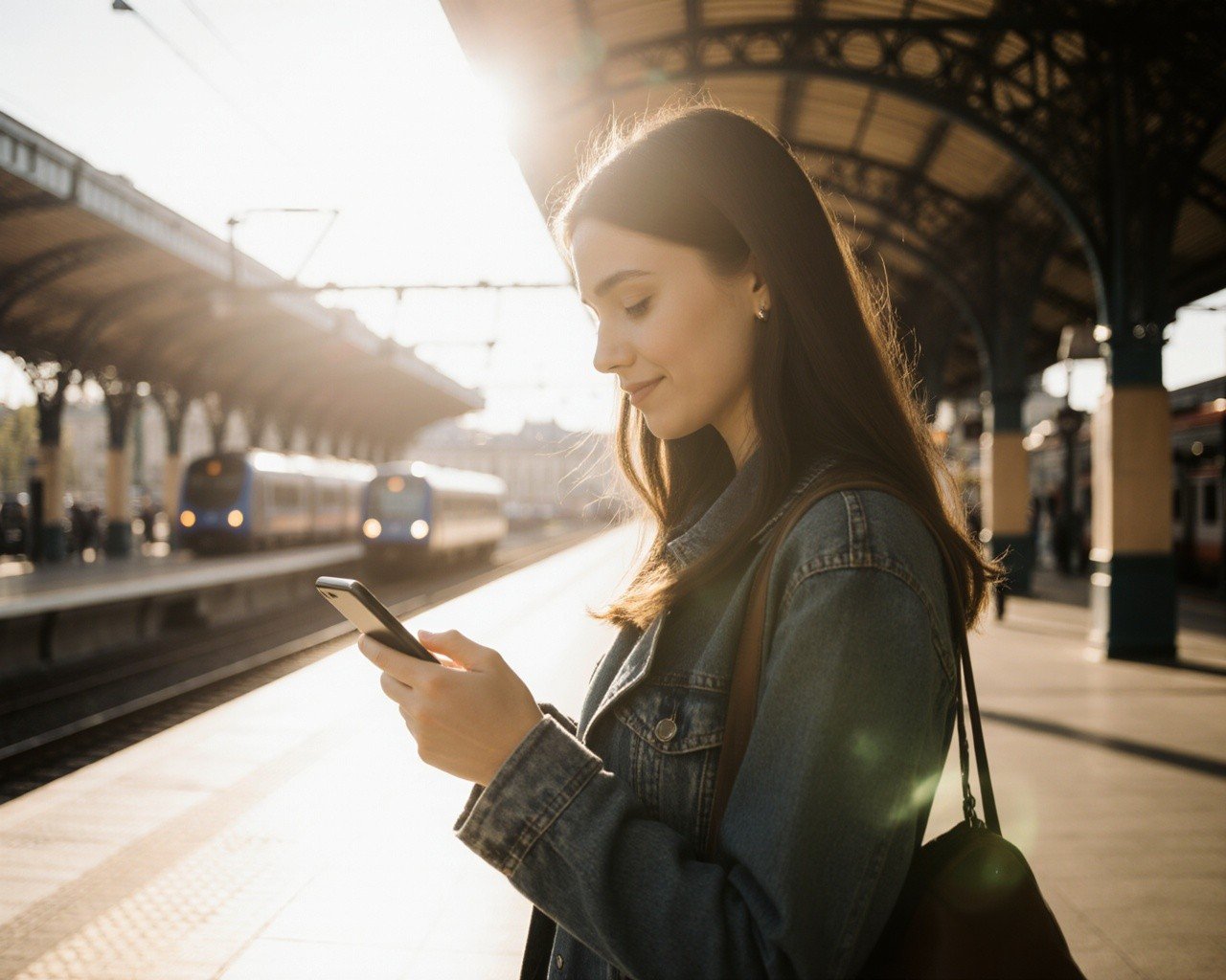 A traveller topping up her phone plan at a Paris train station