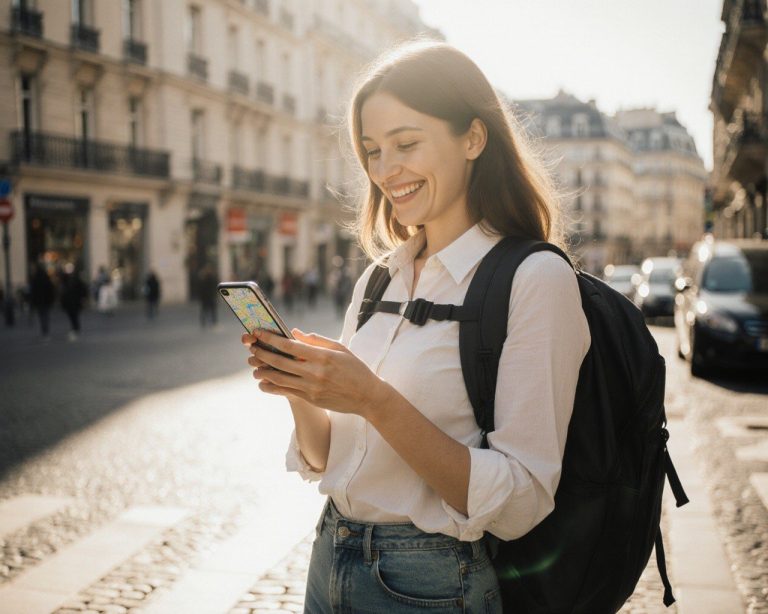 A confident solo female traveller checking her phone on a Paris street