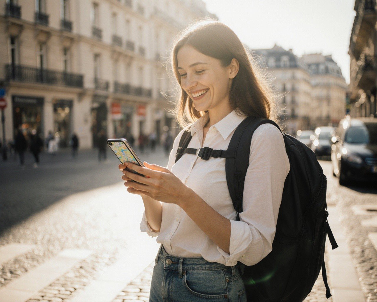 A confident solo female traveller checking her phone on a Paris street
