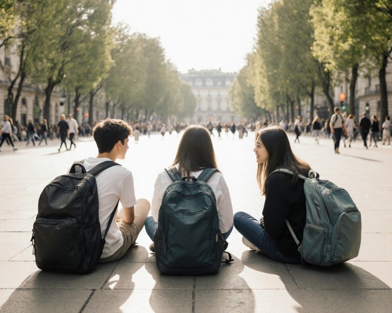Young students sitting a paris park with back packs on the ground having a good time