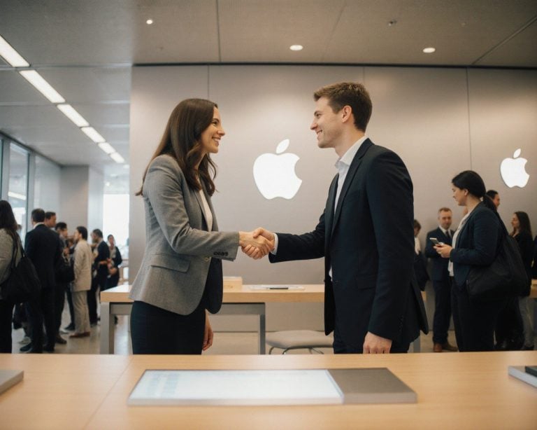 Business woman shaking hands with a salesperson at the Apple store