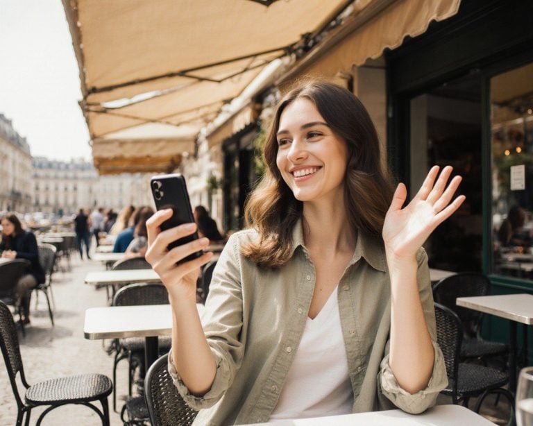 A traveller taking a video call at a sunny Paris cafe terrace