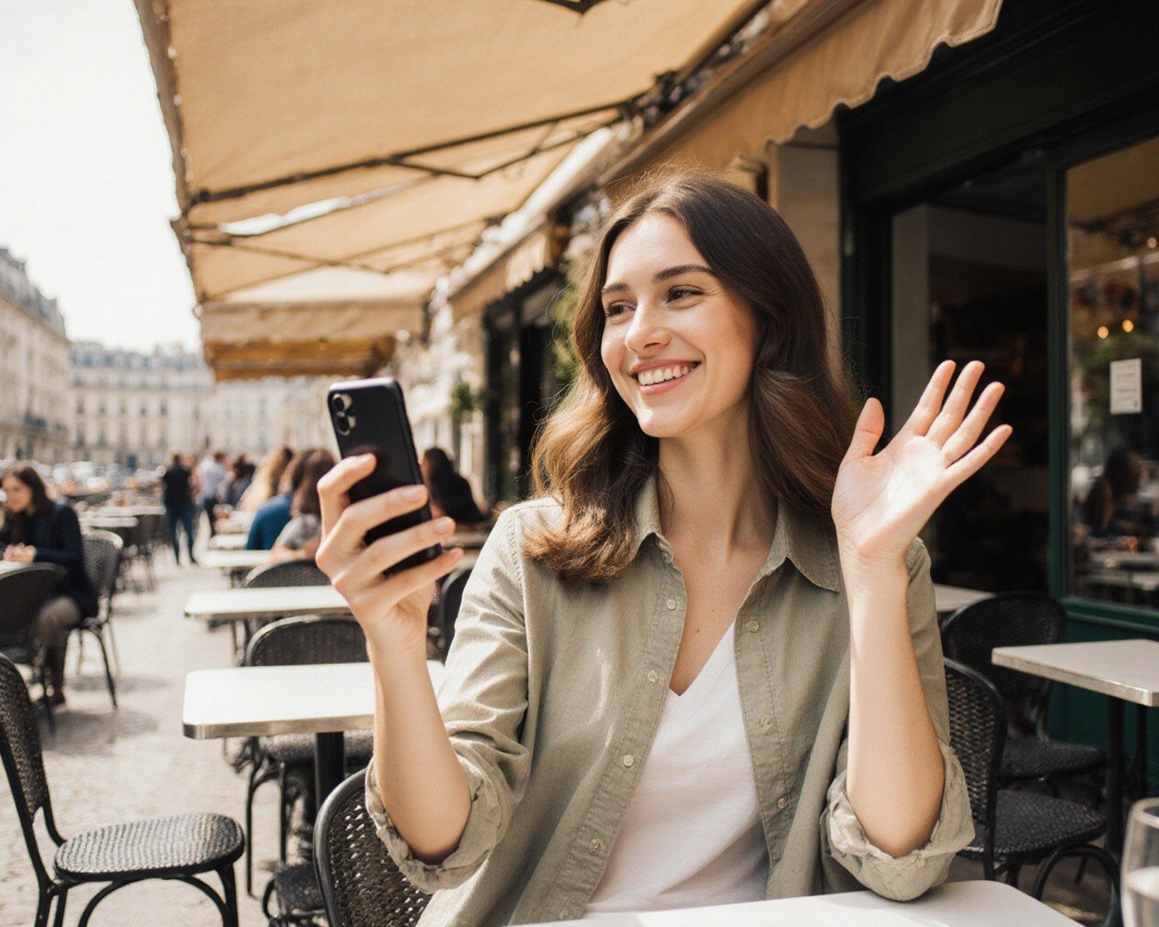 A traveller taking a video call at a sunny Paris cafe terrace