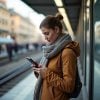 Young woman looking her mobile phone waiting for a train in paris