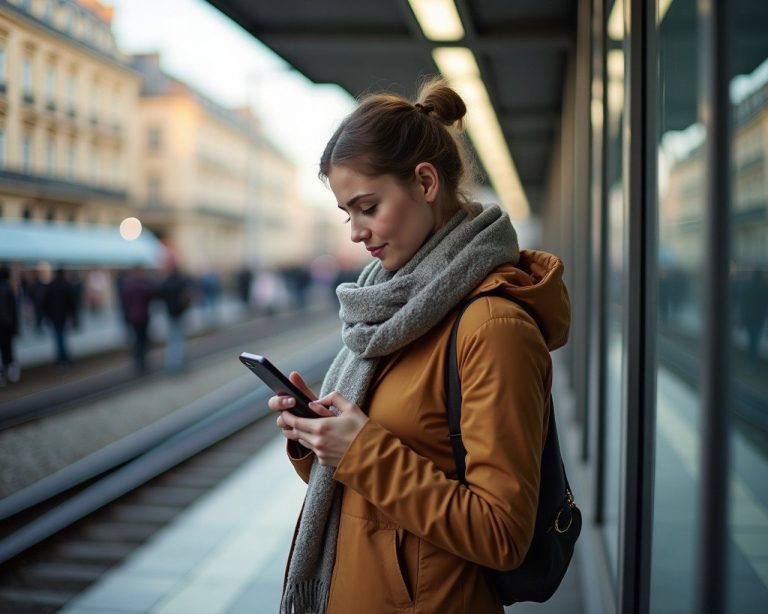 Young woman looking her mobile phone waiting for a train in paris