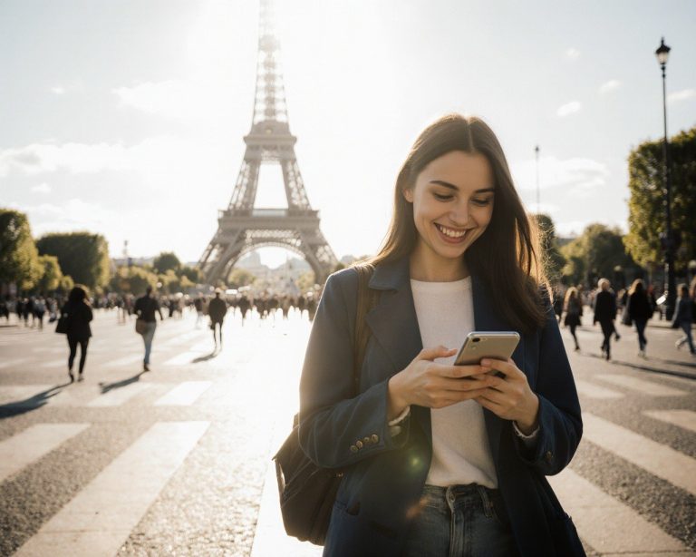 a young woman traveller on a Paris street with the Eiffel Tower in the background, smiling while using her smartphone, sunny