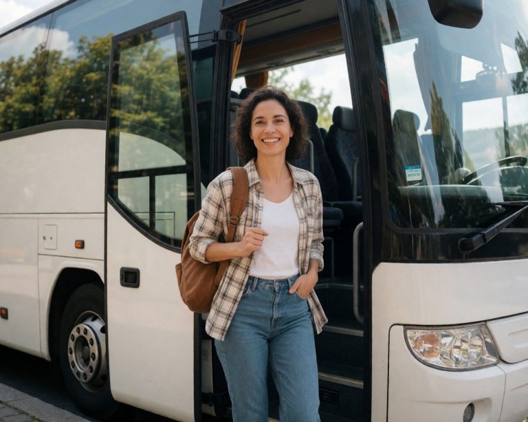 woman tourist boarding a tour bus in France