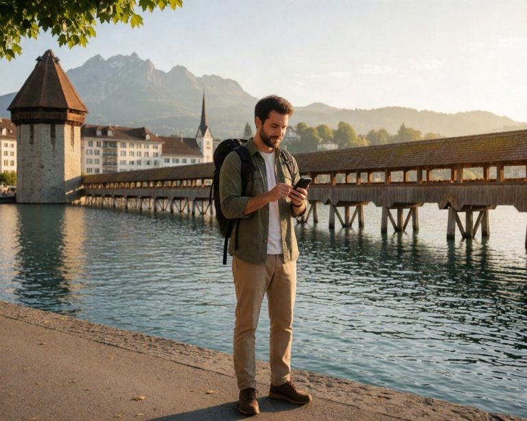 Traveller checking smartphone on a lakeside promenade in Lucerne, Swiss Alps and historic wooden bridge in the background, golden morning light