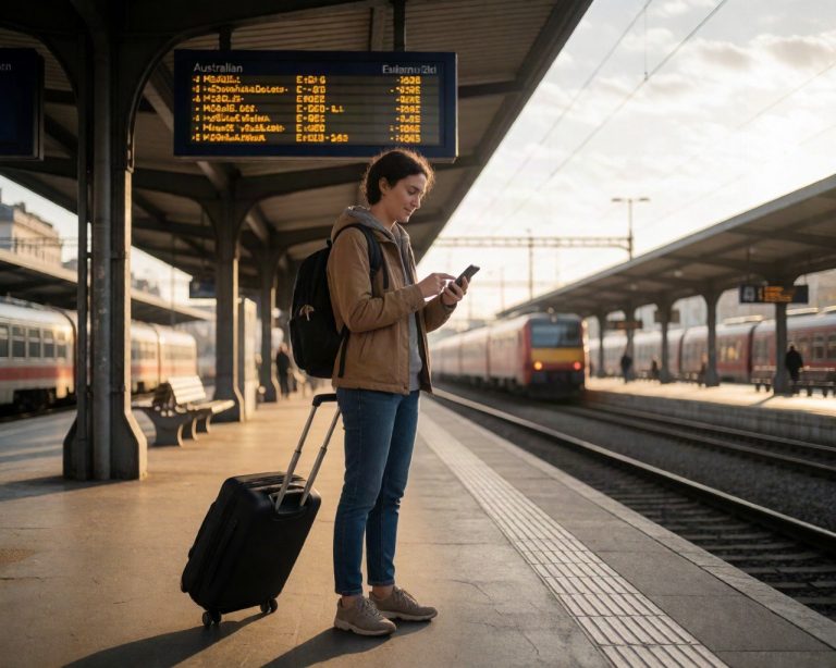 Australian traveller checking smartphone on a European train station platform at golden hour, rolling suitcase beside them, departure board glowing in the background