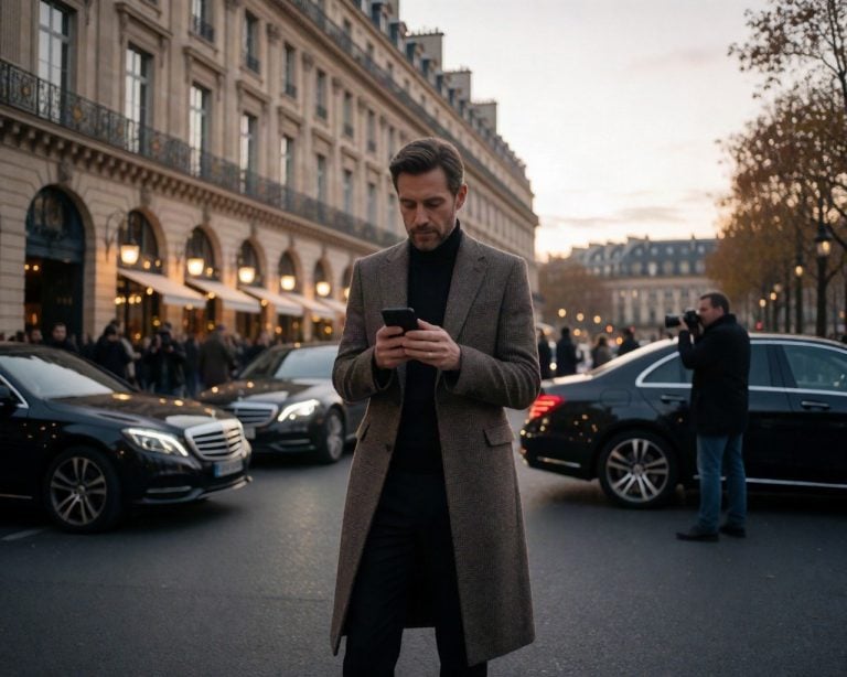 elegant guest in tailored coat checking phone outside a Paris show venue at dusk, Haussmann facade, waiting cars and photographers in soft focus