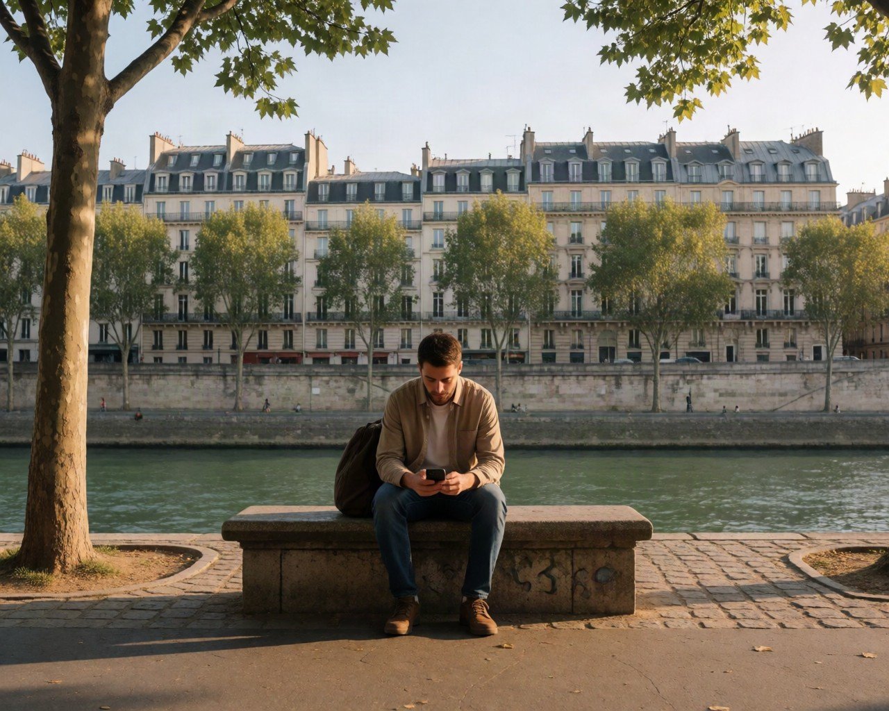 traveller sitting on a stone bench near the Seine in Paris, phone in hand showing a newly activated mobile number, Haussmann buildings and plane trees behind, warm late afternoon light