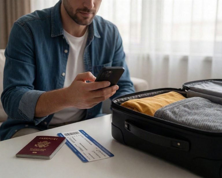 traveller at home checking a phone showing a newly added French mobile line, passport and boarding pass on the table beside a half packed bag, soft window light