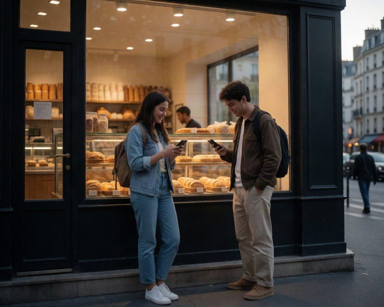 2 students outside a bakery window in paris, low evening light, checking their phones happy, cinematic travel photography