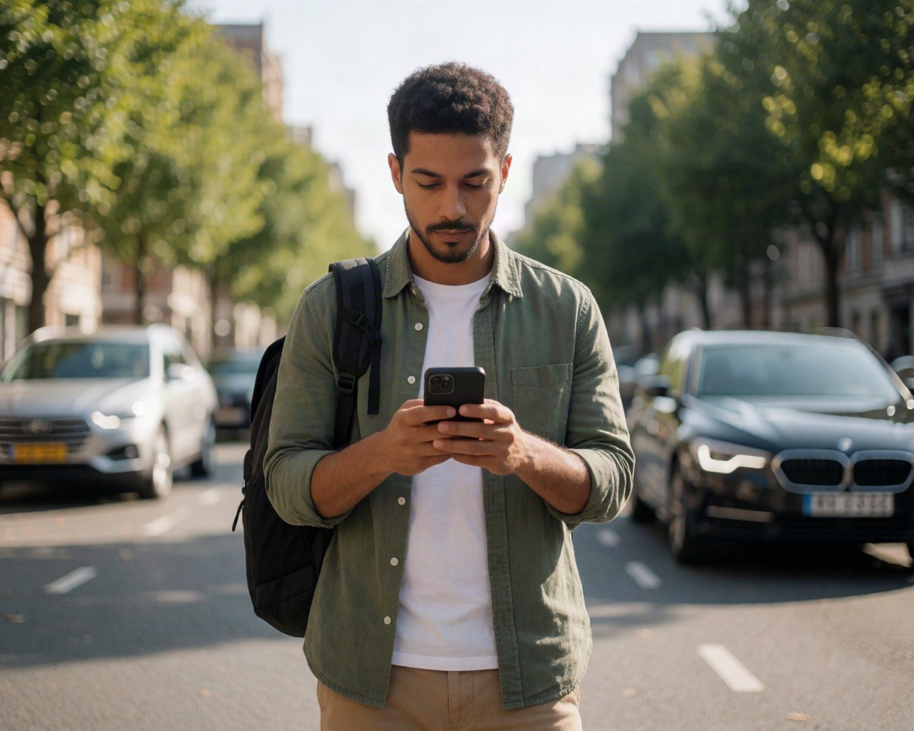 man traveller looking at their phone with uber rank or cars in the backdrop