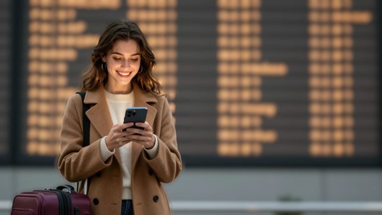 Traveller reading her phone in front of a defocused arrivals board at Charles de Gaulle Airport, Paris