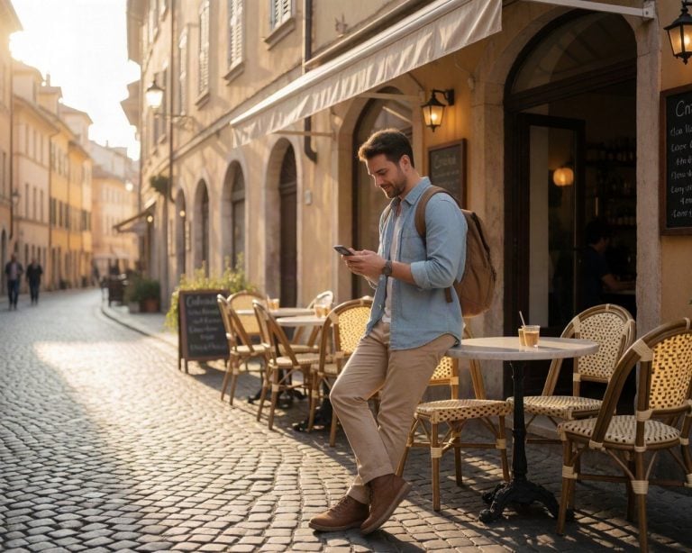 American traveller checking phone outside a European cafe with cobblestone street, golden hour light