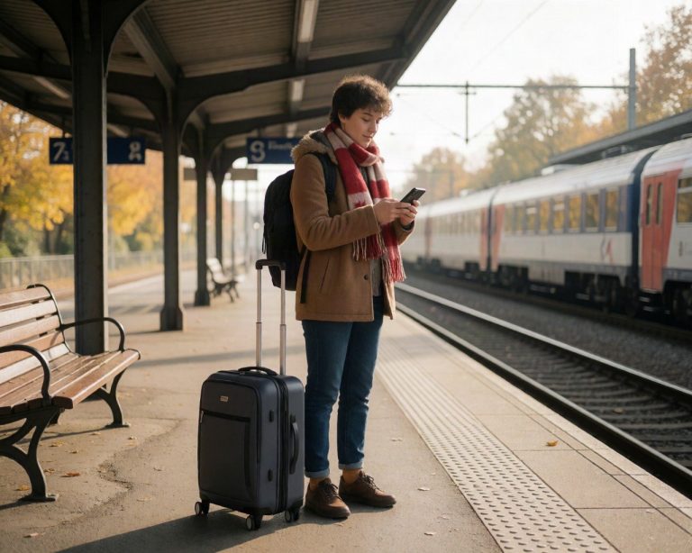 Canadian traveller checking phone on a European train platform in soft autumn light, suitcase beside them