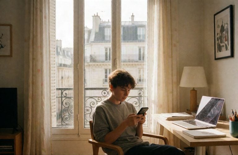 Student checking their phone at a desk by a tall window in a Paris apartment