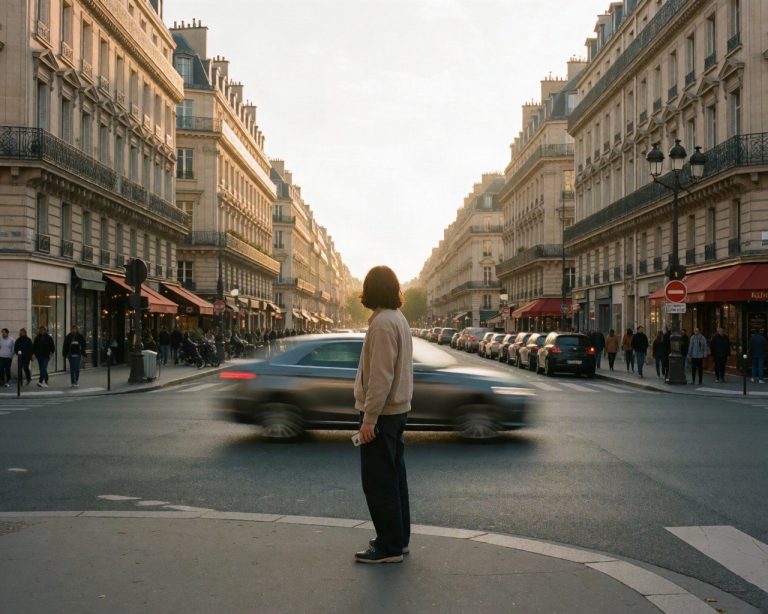 Traveller standing on a Paris street corner at golden hour with Haussmann buildings behind them