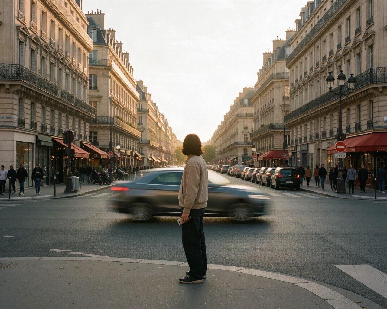 Traveller standing on a Paris street corner at golden hour with Haussmann buildings behind them