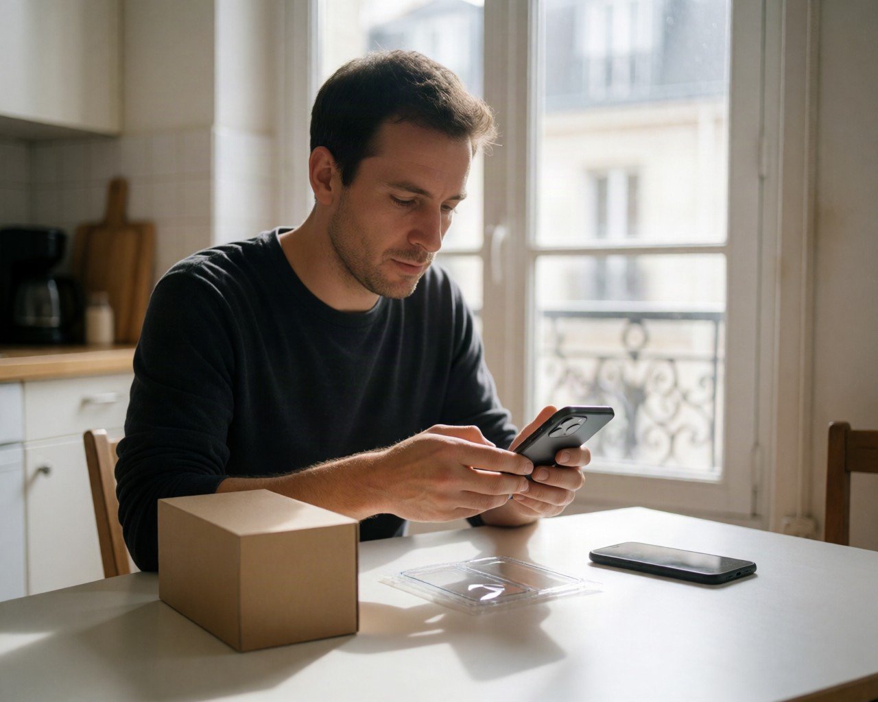Man unboxing a refurbished smartphone at a kitchen table in a French apartment