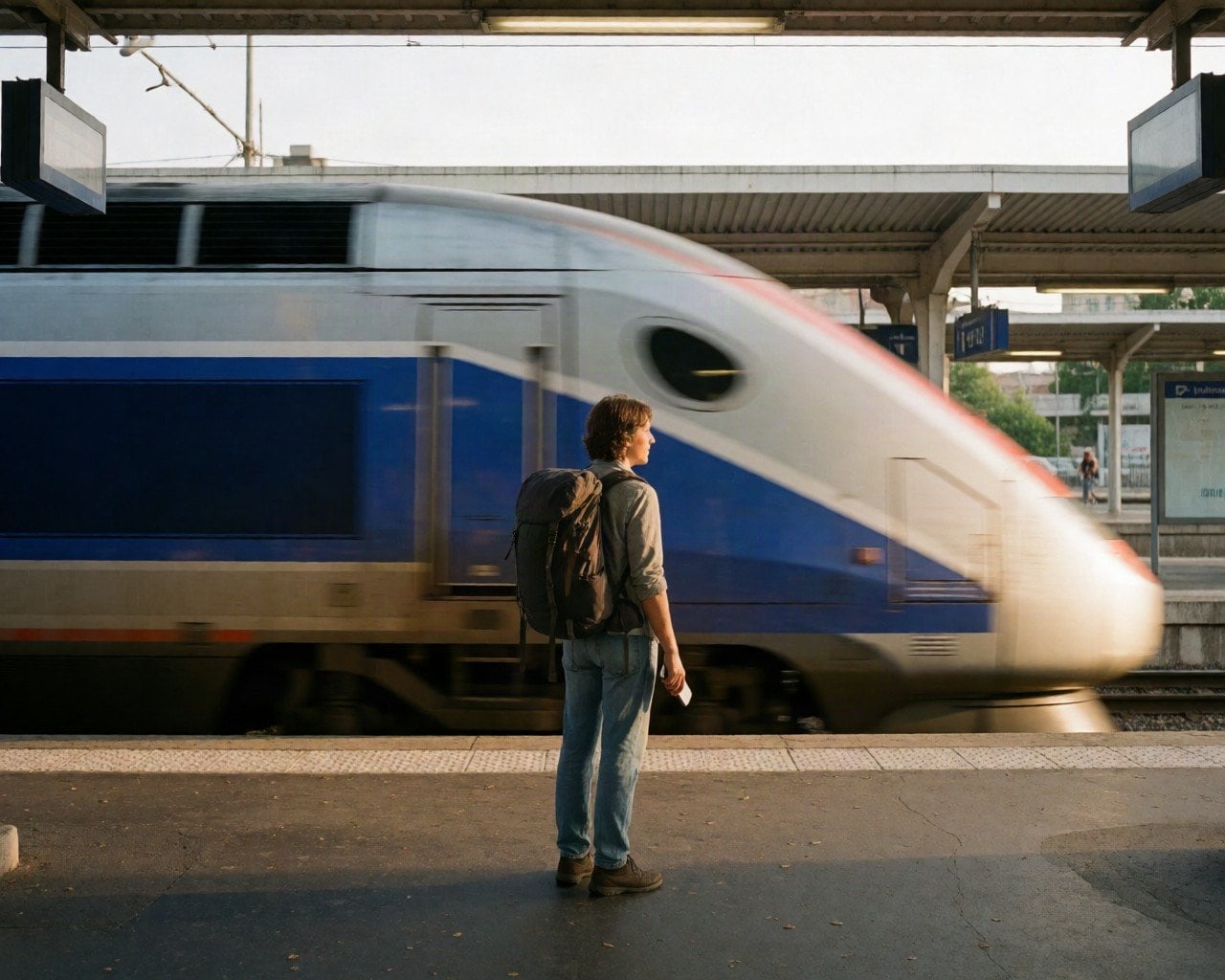 A traveller in their thirties standing on a French railway platform with a rucksack, holding a phone at their side, a high-sp