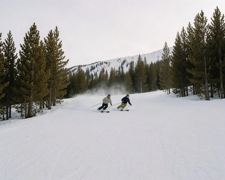 Two skiers carving a turn down a tree-lined piste with a snowy ridge behind