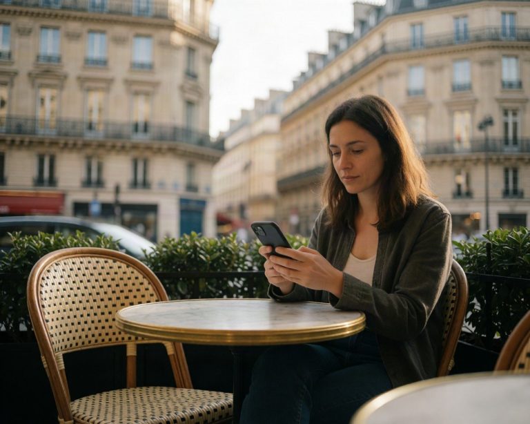 Woman checking her phone at a Paris cafe terrace with Haussmann buildings behind
