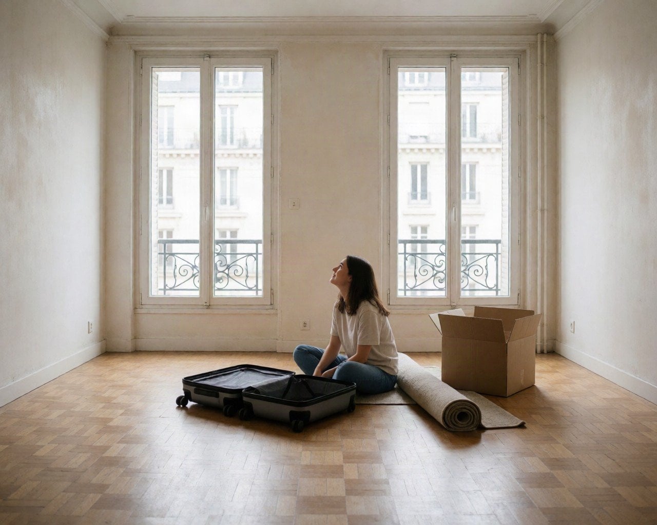 A young woman sitting on the floor of an unfurnished Paris apartment beside an open suitcase, looking up toward tall windows,