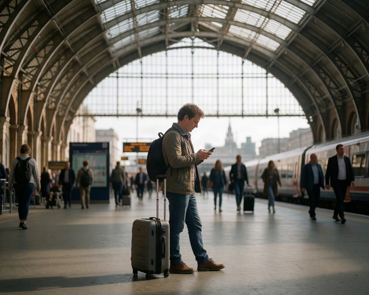 Traveller with a suitcase checking their phone on a station concourse under a Victorian glass roof