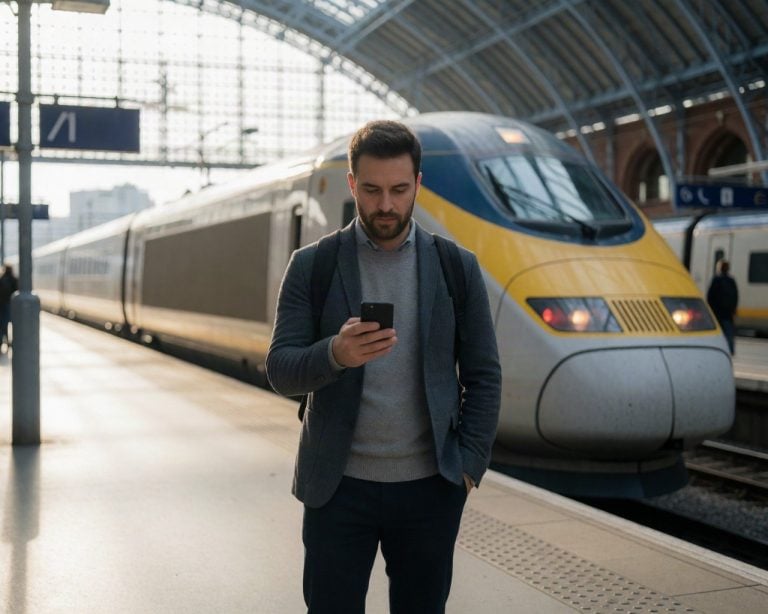 traveller on a train platform at St Pancras International looking at a smartphone, Eurostar train in soft focus behind, morning light