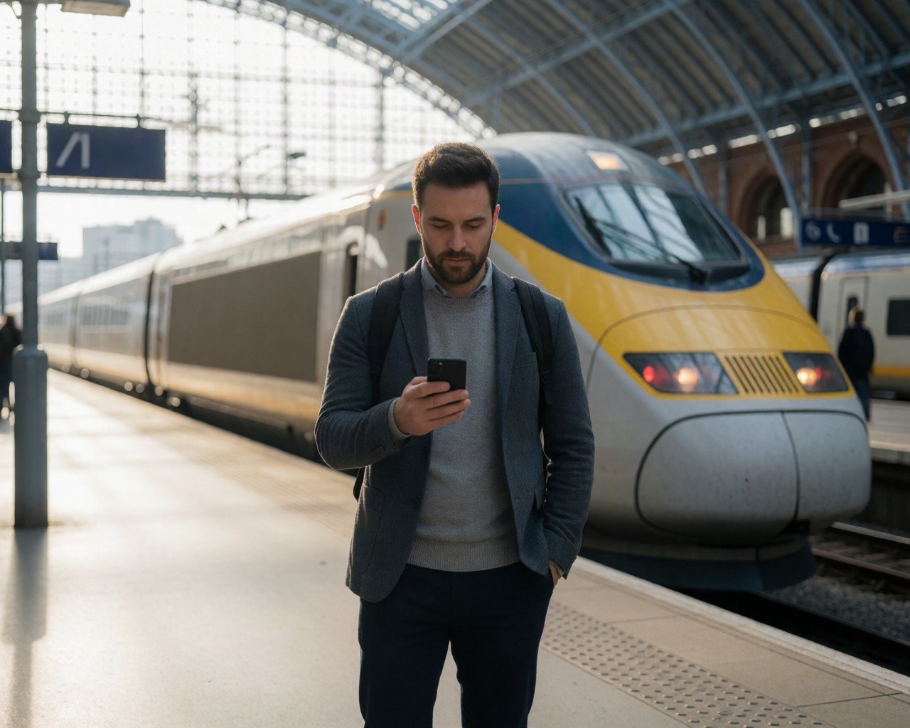 traveller on a train platform at St Pancras International looking at a smartphone, Eurostar train in soft focus behind, morning light
