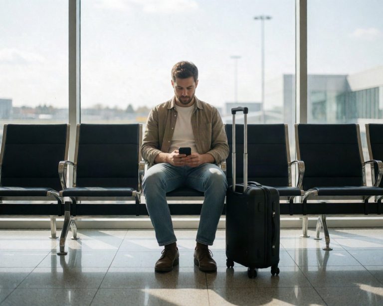 Traveller holding a phone in an airport arrivals hall