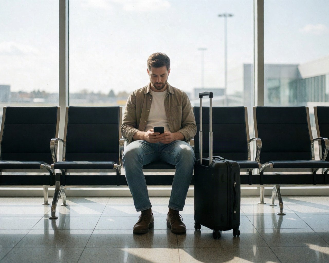 Traveller holding a phone in an airport arrivals hall