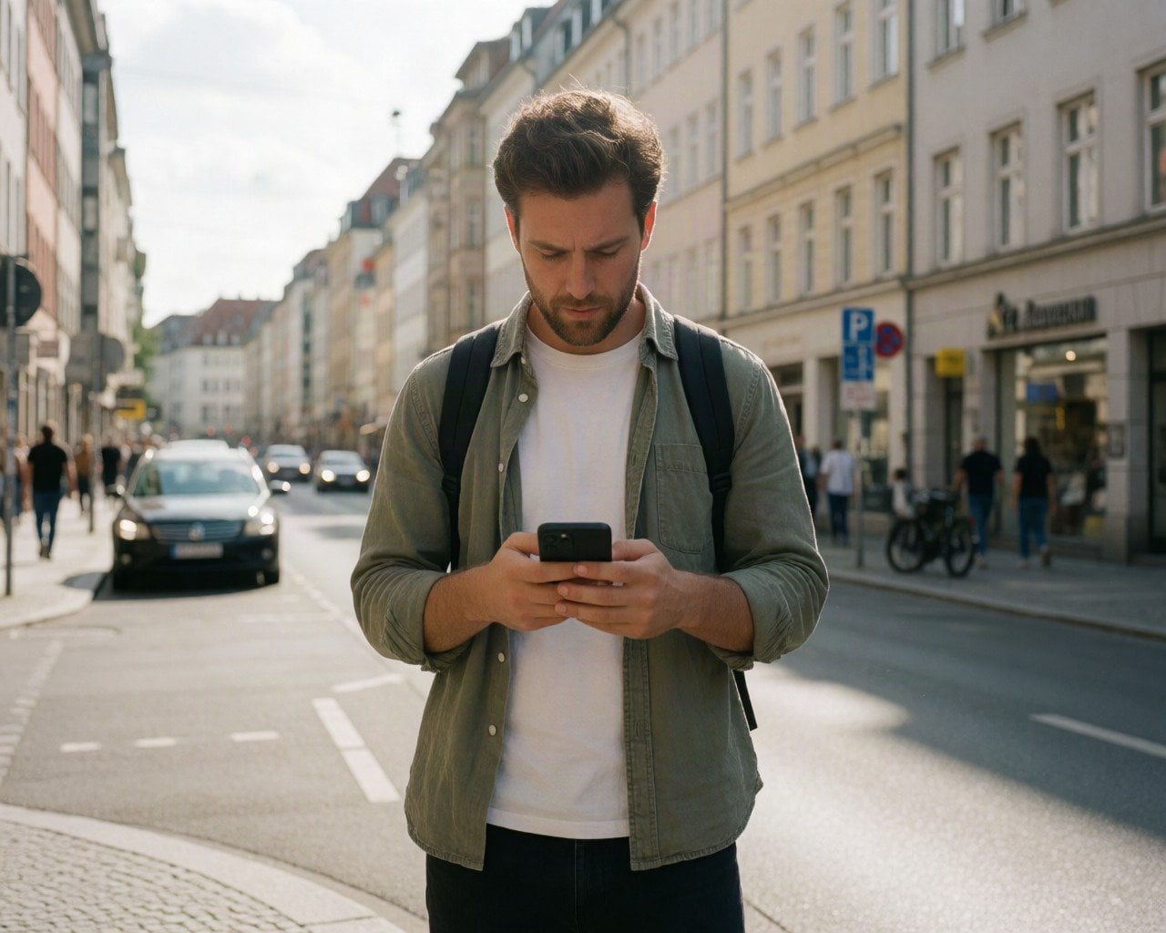 Traveller checking a phone on a street in Germany