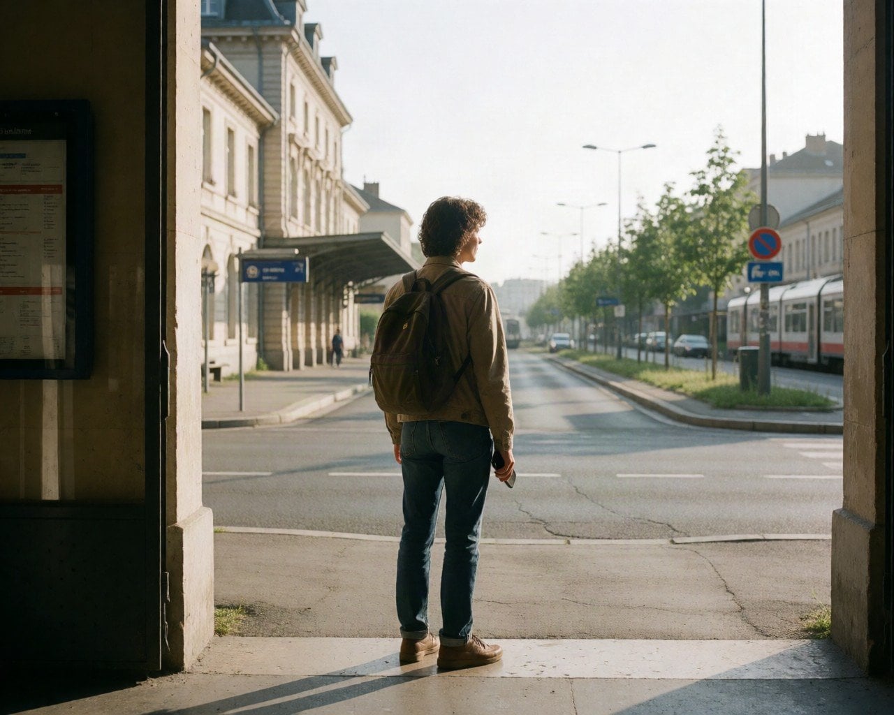 A traveller outside a European railway station holding a phone in morning light